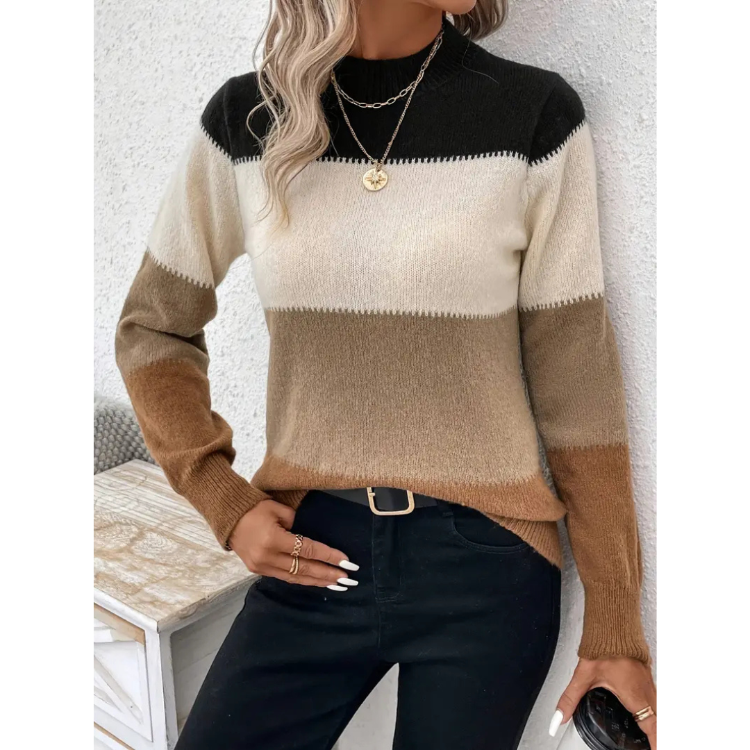 Women’s Pullover Sweater – Wool Knit – Regular Fit – Crew Neck – Ribbed Trim – Striped