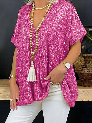 Bohemian loose pullover sequin v-neck top for women