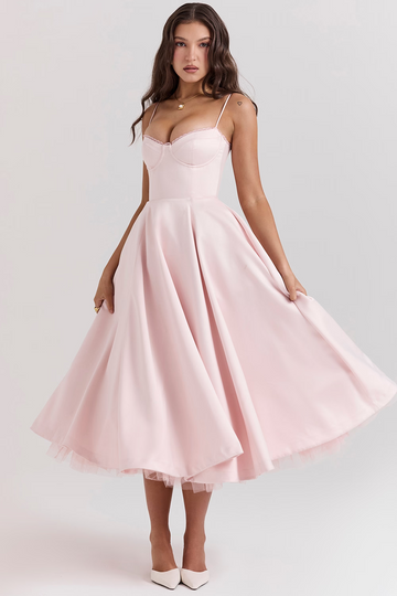 Women's A-Line Midi Dress - Spaghetti Straps - Lace Detail - Elegant Formal Wear