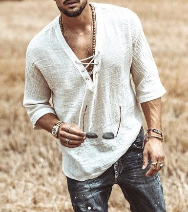 Men’s Casual Shirt – Relaxed Fit – Lace-Up V-Neck – 3/4 Sleeve – Breathable Fabric