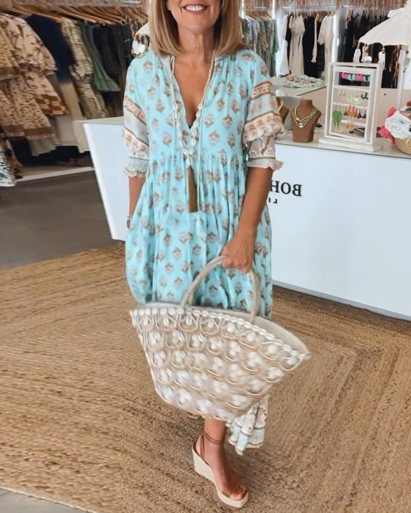Women’s Midi Dress – Printed A-Line – V-Neck – 3/4 Sleeve – Lightweight Boho Style