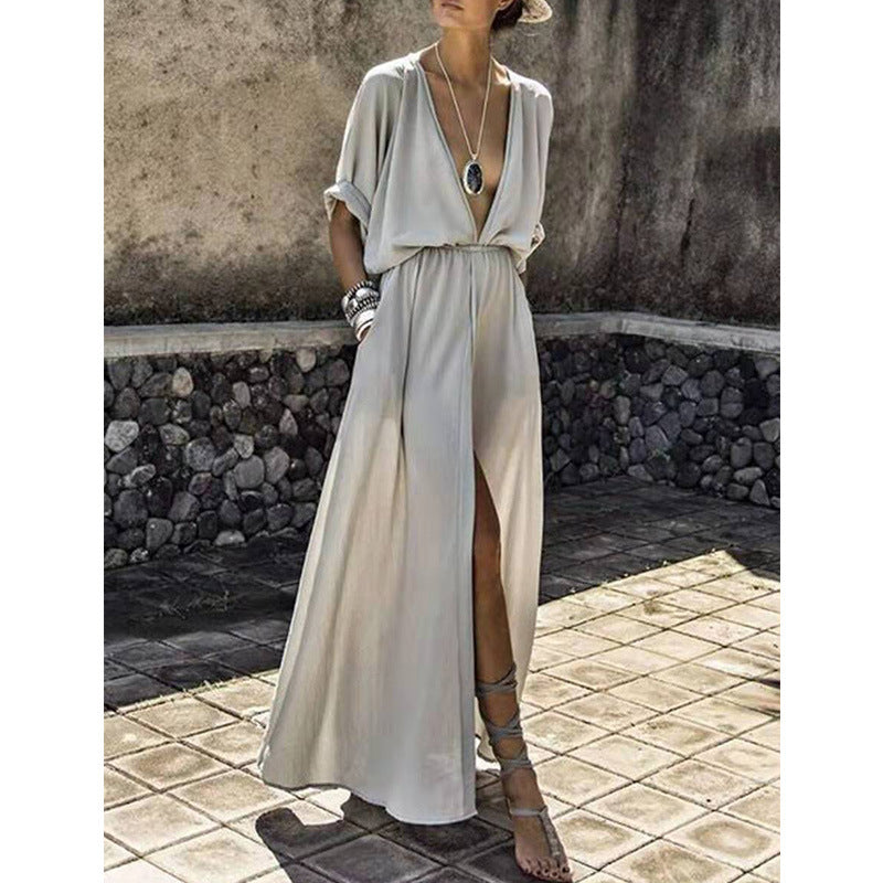 Women’s Maxi Dress – Relaxed Fit – Deep V-Neck – Front Slit – Mid Sleeve – Flowy Fabric