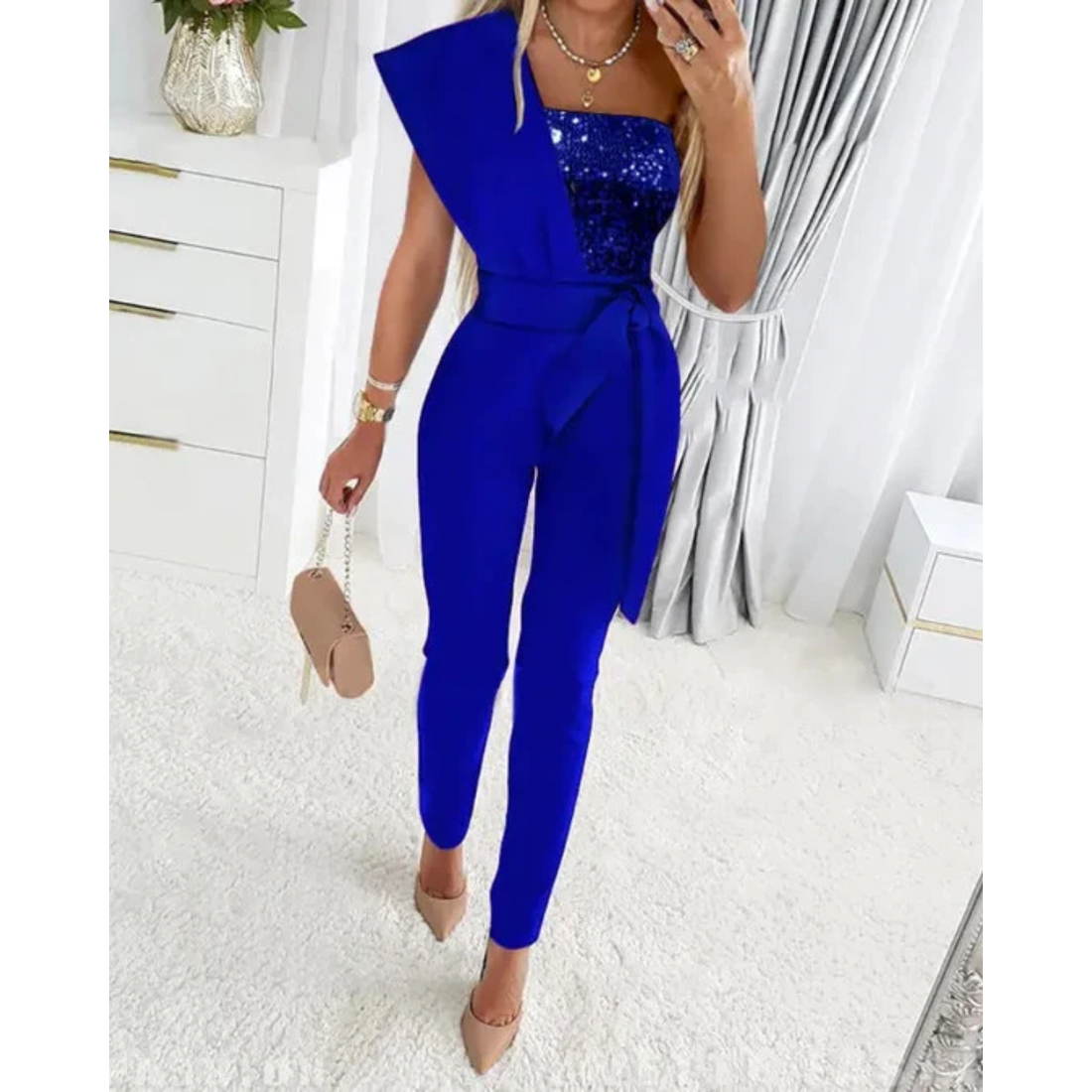 Belt slim sequin jumpsuit for women