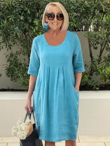 Women’s Midi Dress – Relaxed Fit – Scoop Neck – Elbow Sleeve – Natural Fibers – Pockets