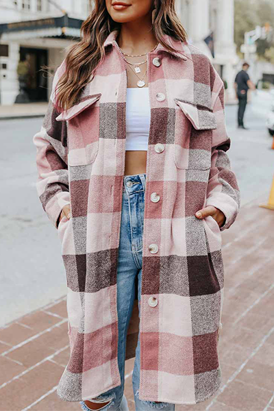 Checkered turndown collar winter coat for women