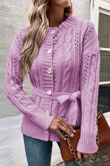Women’s Cardigan Sweater – Cable Knit – Button Down – Long Sleeve – Belted Waist