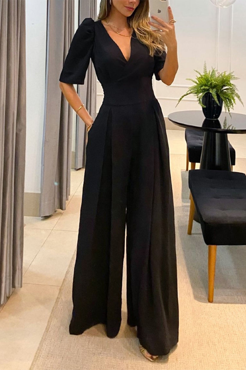 Casual v-neck wide leg jumpsuit for women