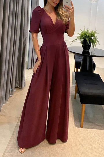 Casual v-neck wide leg jumpsuit for women