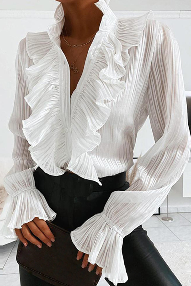 Women's Blouse - Mandarin Collar - Ruffled Trim - Patchwork Detail - Long Sleeve Elegant Wear