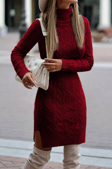 Women’s Sweater Dress – Cable Knit – Turtleneck – Slim Fit – Long Sleeve – Side Slit