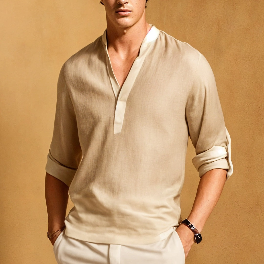 Men’s Casual Shirt – Natural Fibers – Relaxed Fit – V-Neck – Roll-Up Sleeves