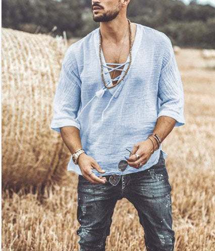 Men’s Casual Shirt – Relaxed Fit – Lace-Up V-Neck – 3/4 Sleeve – Breathable Fabric