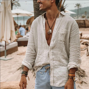 Men’s Long Sleeve Shirt – Cotton Linen Blend – Relaxed Fit – Button-Up Casual Style