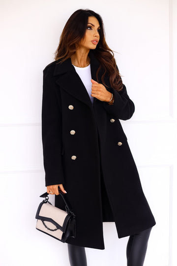 Women’s Long Coat – Wool Blend – Relaxed Fit – Double-Breasted – Draped Silhouette