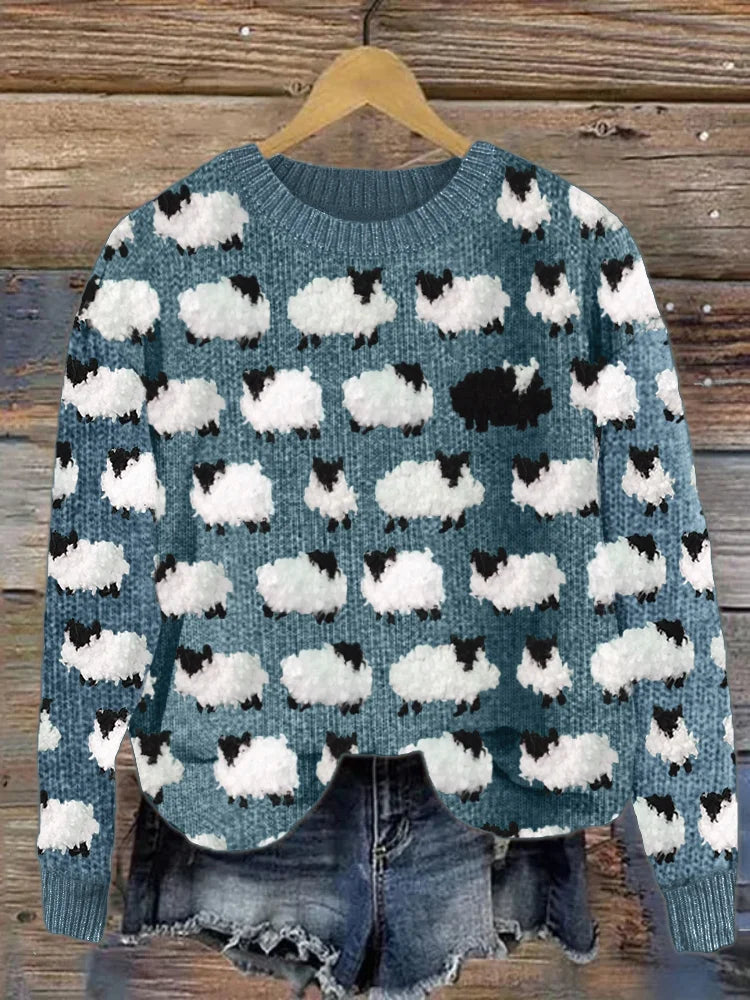 Women’s Pullover Sweater – Relaxed Fit – Wool Knit – Crew Neck – Sheep Print