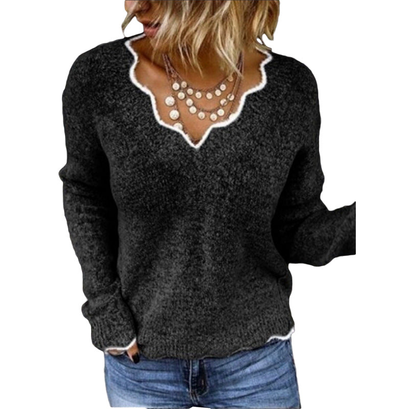Women’s Sweater – Wool Knit – Relaxed Fit – Scalloped Neckline – Casual Pullover