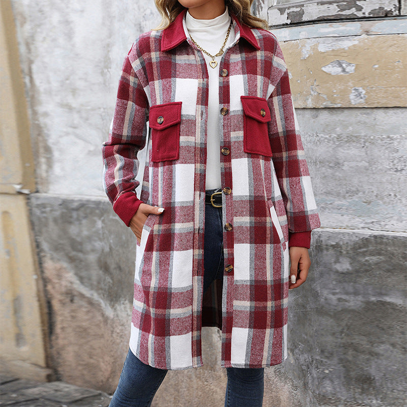 Brushed plaid with pockets long coat for women