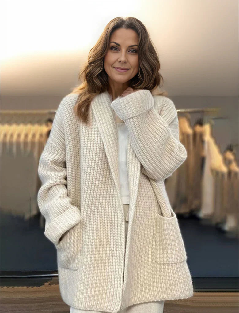 Women’s Cardigan – Oversized Fit – Chunky Knit – Shawl Collar – Ribbed Cuffs – Pockets