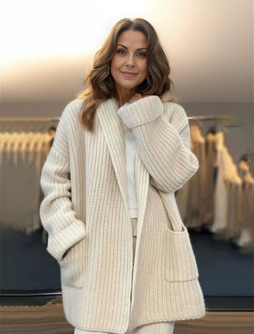 Women’s Cardigan – Oversized Fit – Chunky Knit – Shawl Collar – Ribbed Cuffs – Pockets