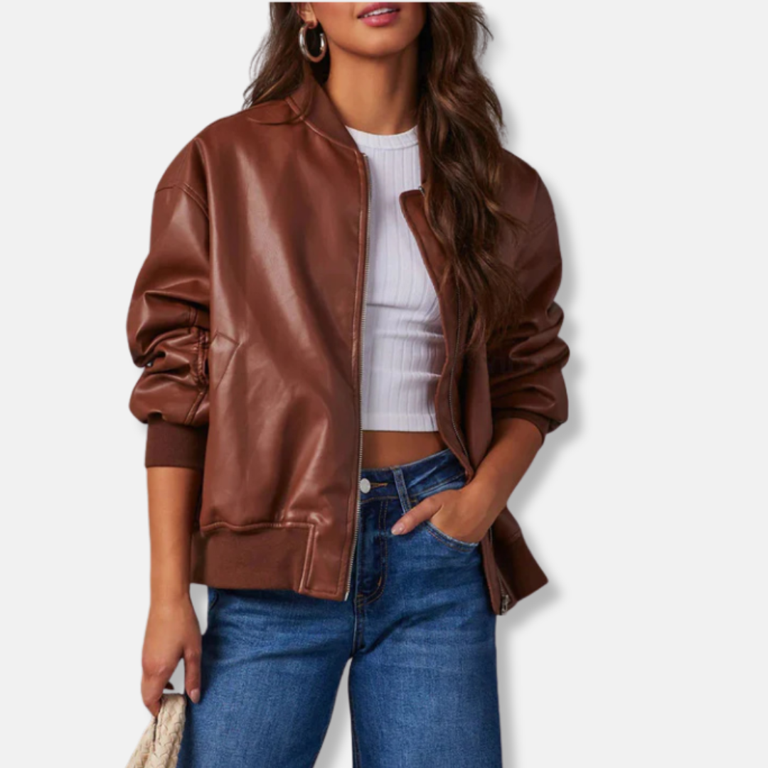 Women’s Leather Jacket – Oversized Relaxed Fit – Ribbed Trim – Full Zip Closure