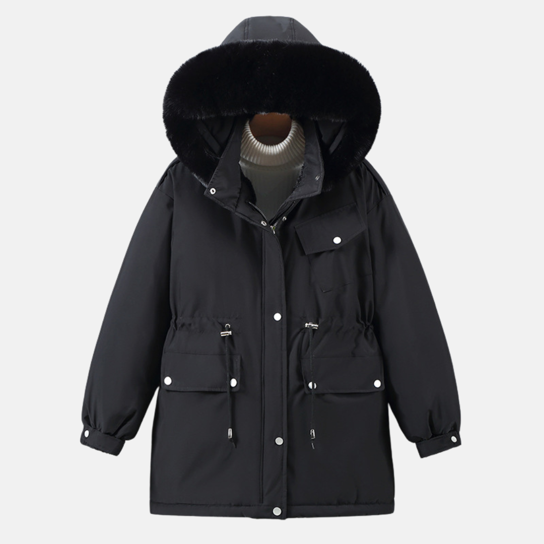 Women’s Parka Jacket – Relaxed Fit – Detachable Faux Fur Hood – Mid-Length – Drawstring Waist
