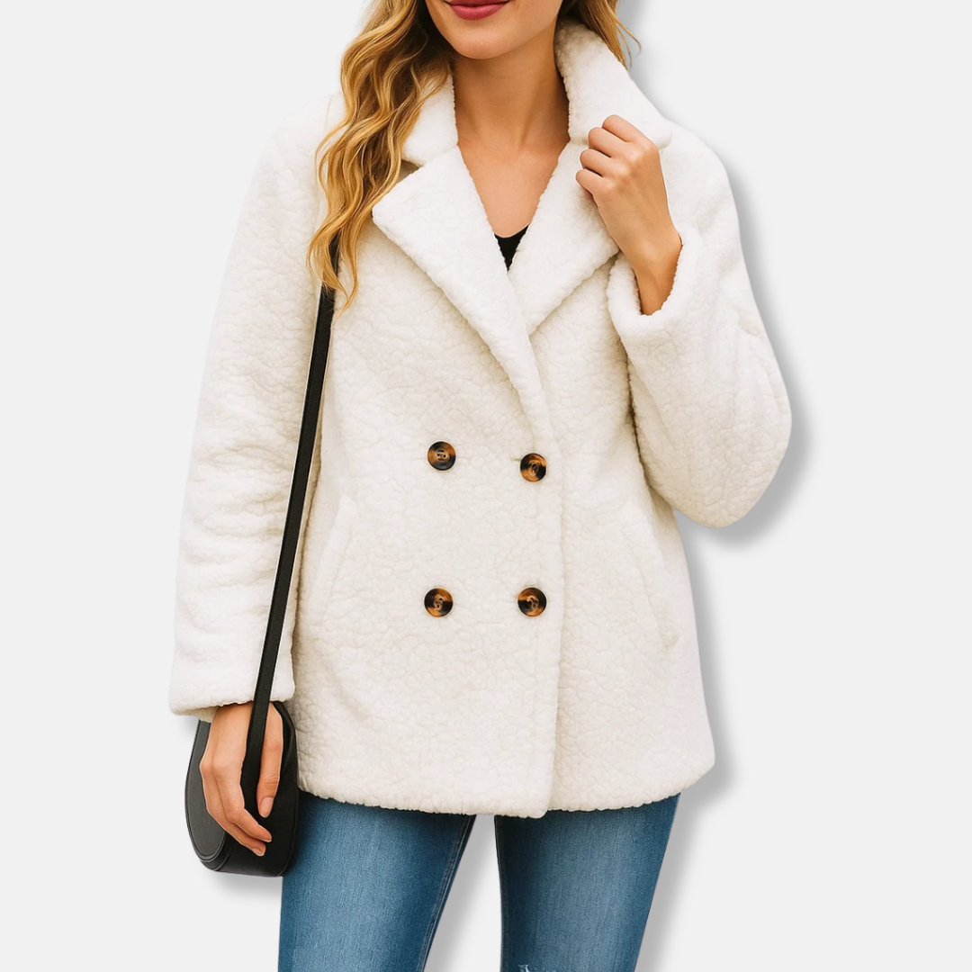 Women’s Fleece Jacket – Relaxed Fit – Sherpa Feel – Double-Breasted with Lapel Collar