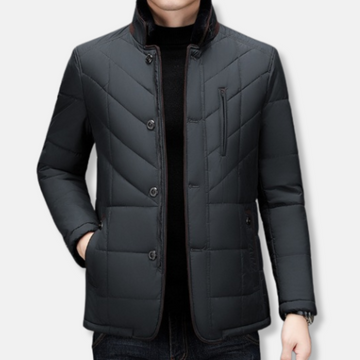 Men’s Quilted Jacket – Tailored Fit – Stand Collar – Button Front Warm Outerwear