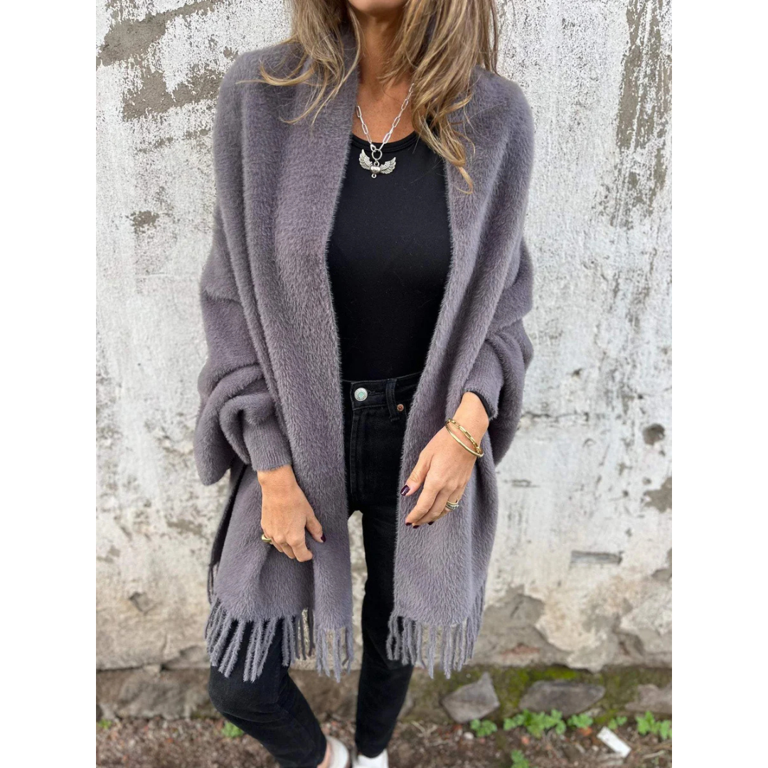 Open front fringe hem mid-length cardigan