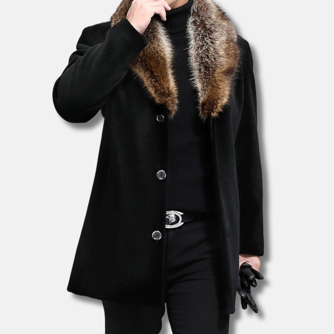 Men’s Mid-Length Coat – Structured Fit – Shaggy Fur V-Collar – Button Closure