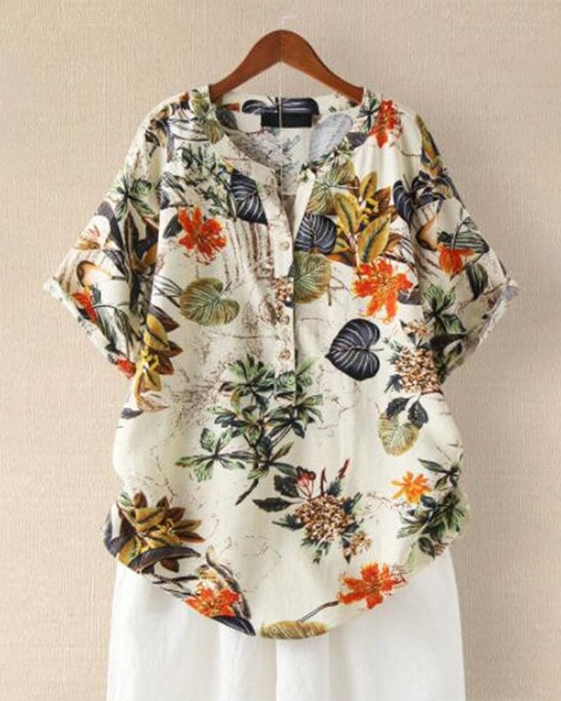 Leaf print short sleeve shirt for women