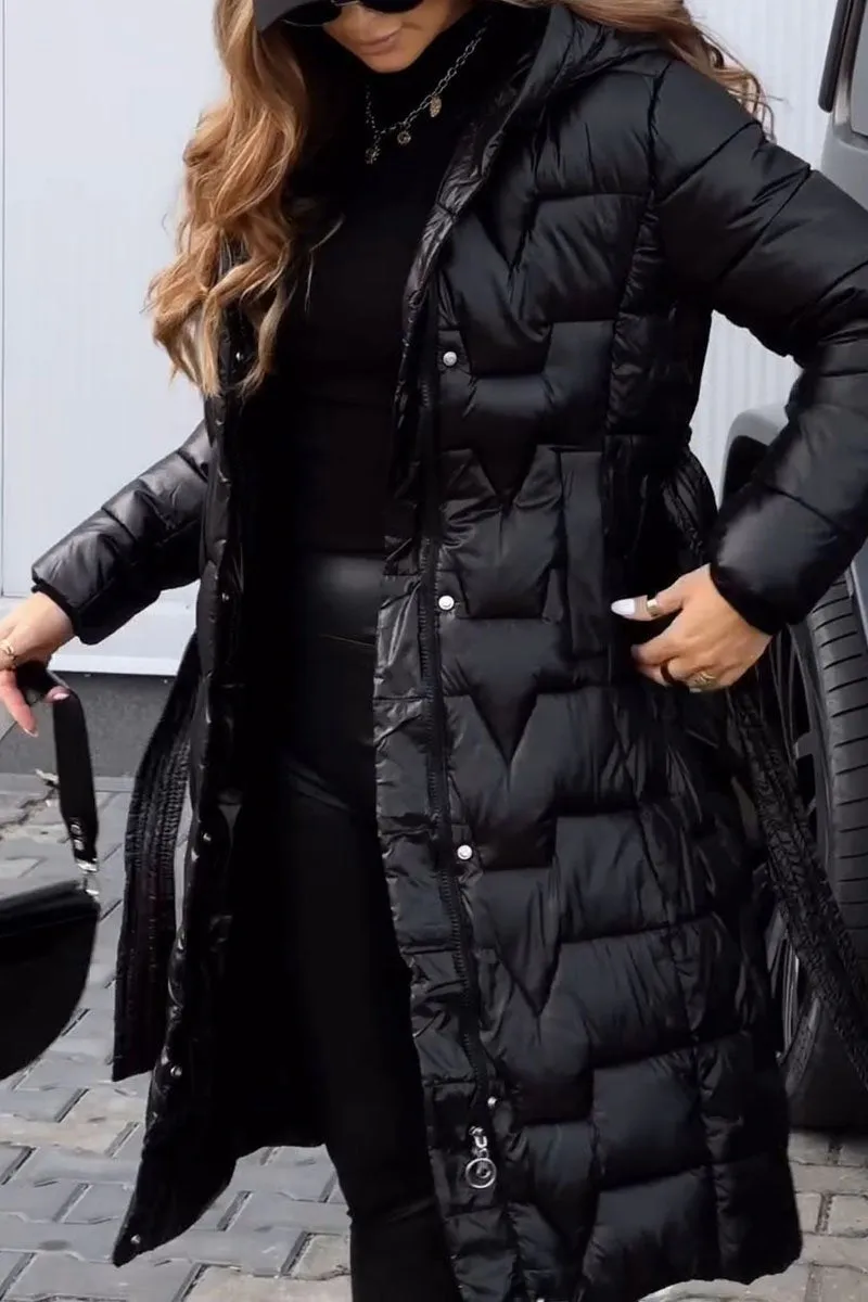 Belted long quilted coat for women