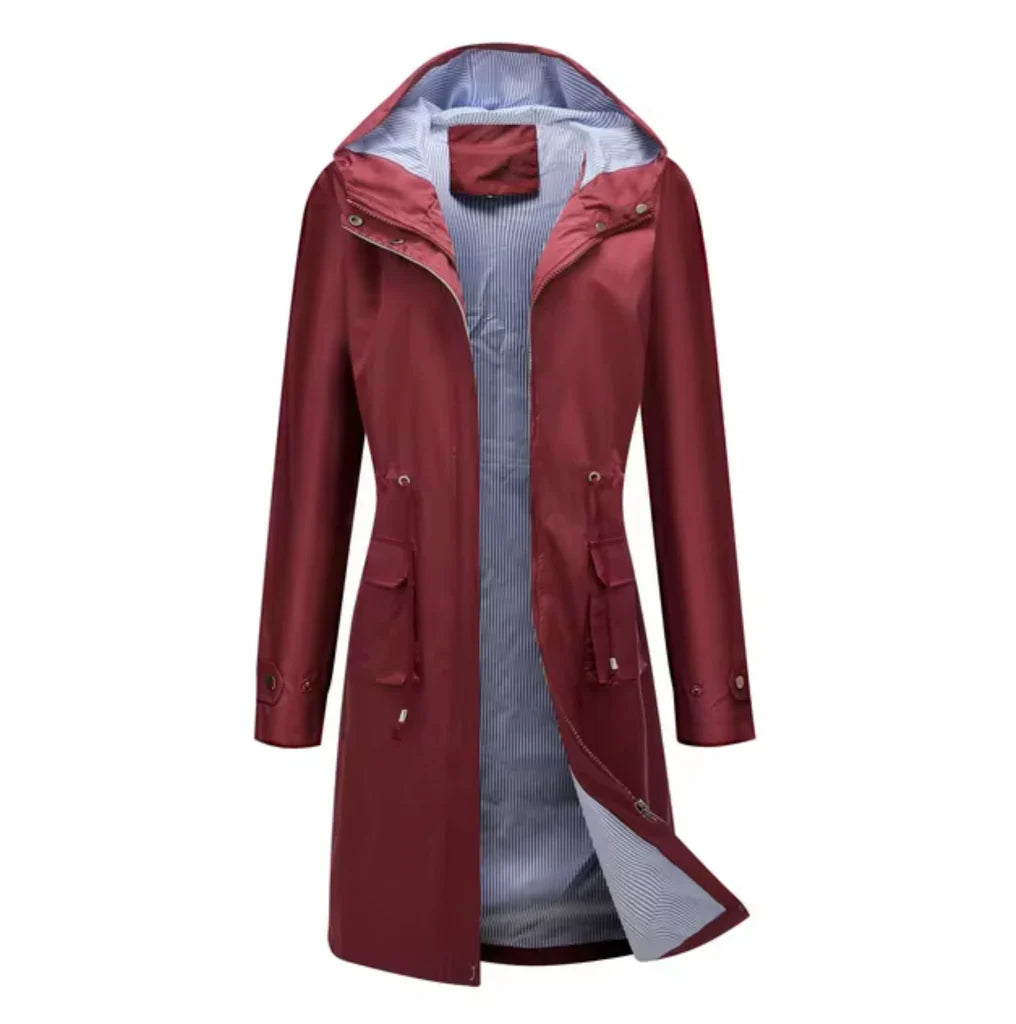 Women’s Long Hooded Jacket – Water-Resistant – Adjustable Waist – Full Length Zip Front