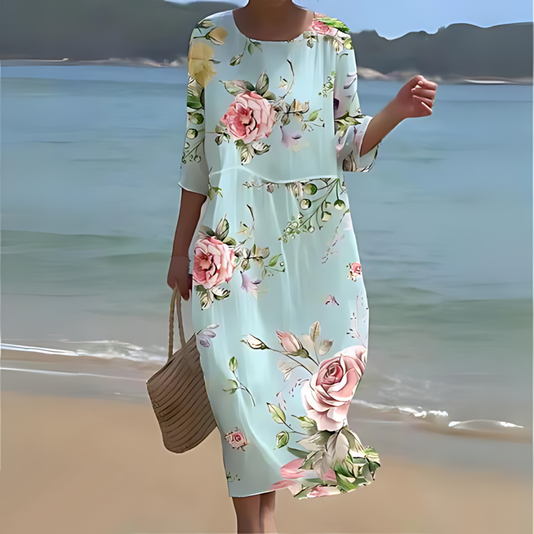 Women’s Midi Dress – Loose Fit – Lightweight Fabric – Floral Print – 3/4 Sleeve