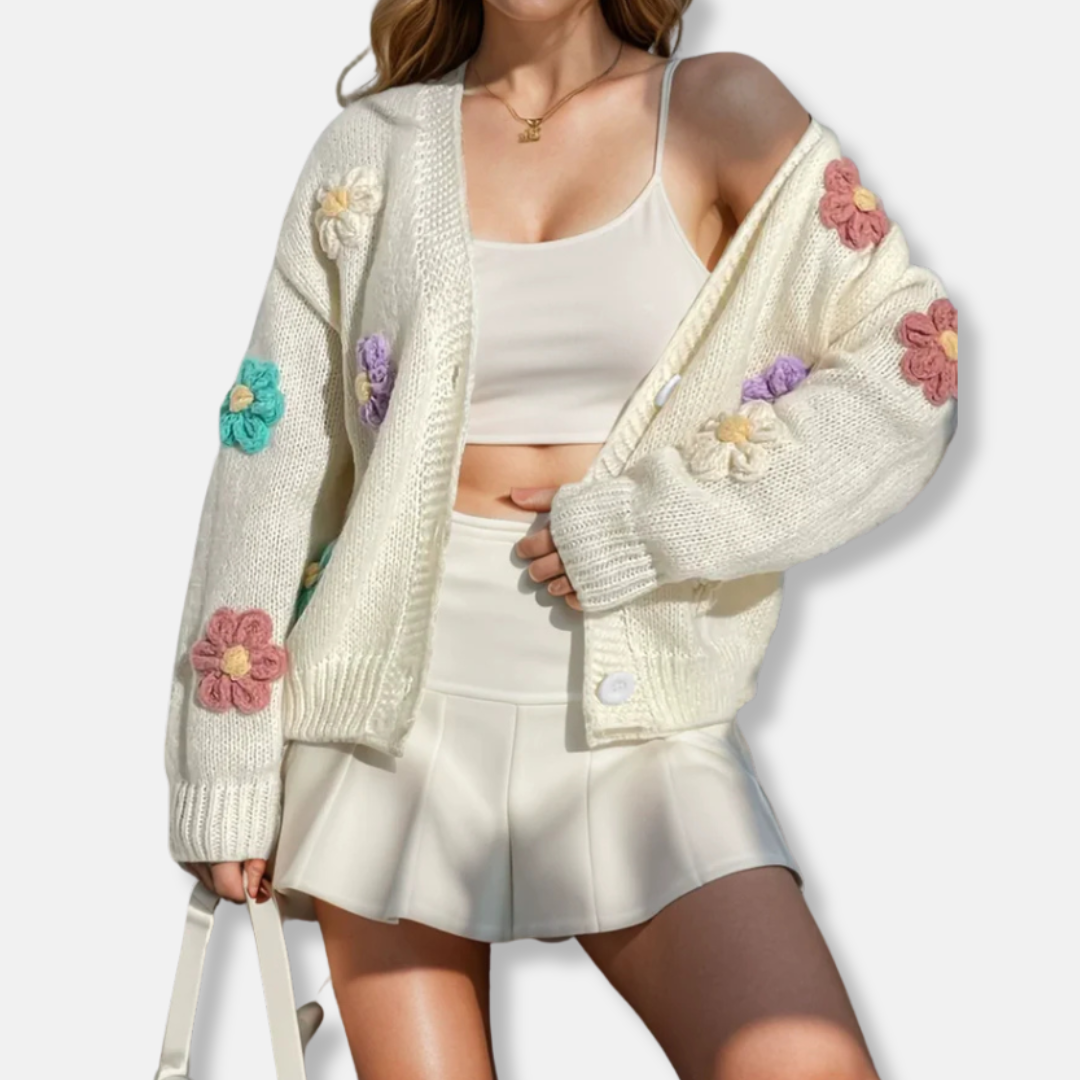 Women’s Knit Cardigan – Oversized Fit – Handmade Floral Accents – Button Front