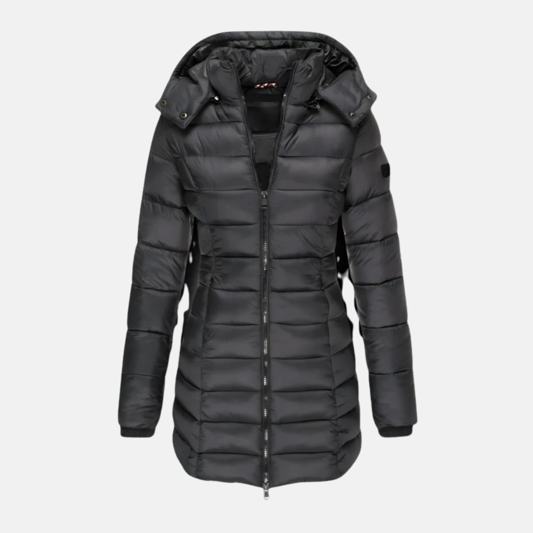Women’s Puffer Coat – Slim Fit Quilted – Hooded Mid-Length with Ribbed Cuffs