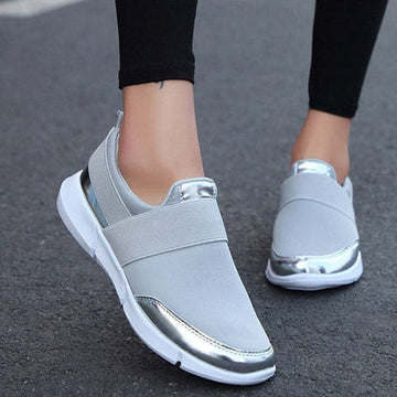 Women’s Slip-On Sneakers – Streamlined Fit – Elastic Band – Breathable Comfort – Metallic Trim