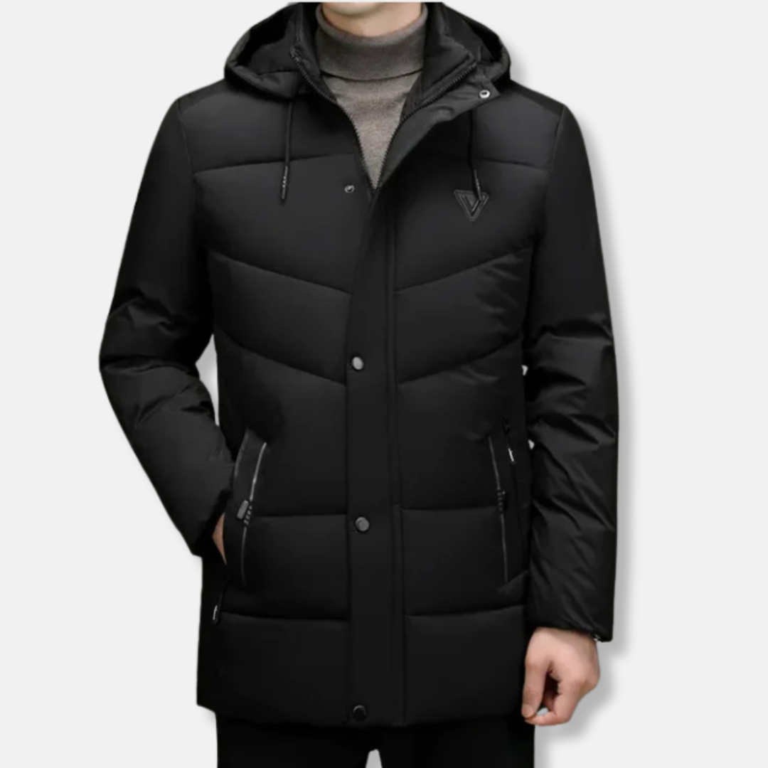Men’s Parka Jacket – Quilted Insulated – Detachable Hood – Mid-Thigh Length – Zip Pockets