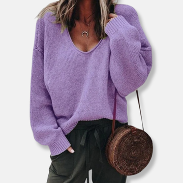 Women’s Sweater – Wool Blend Knit – Relaxed Fit – Deep V-Neck – Long Sleeve Casual Style