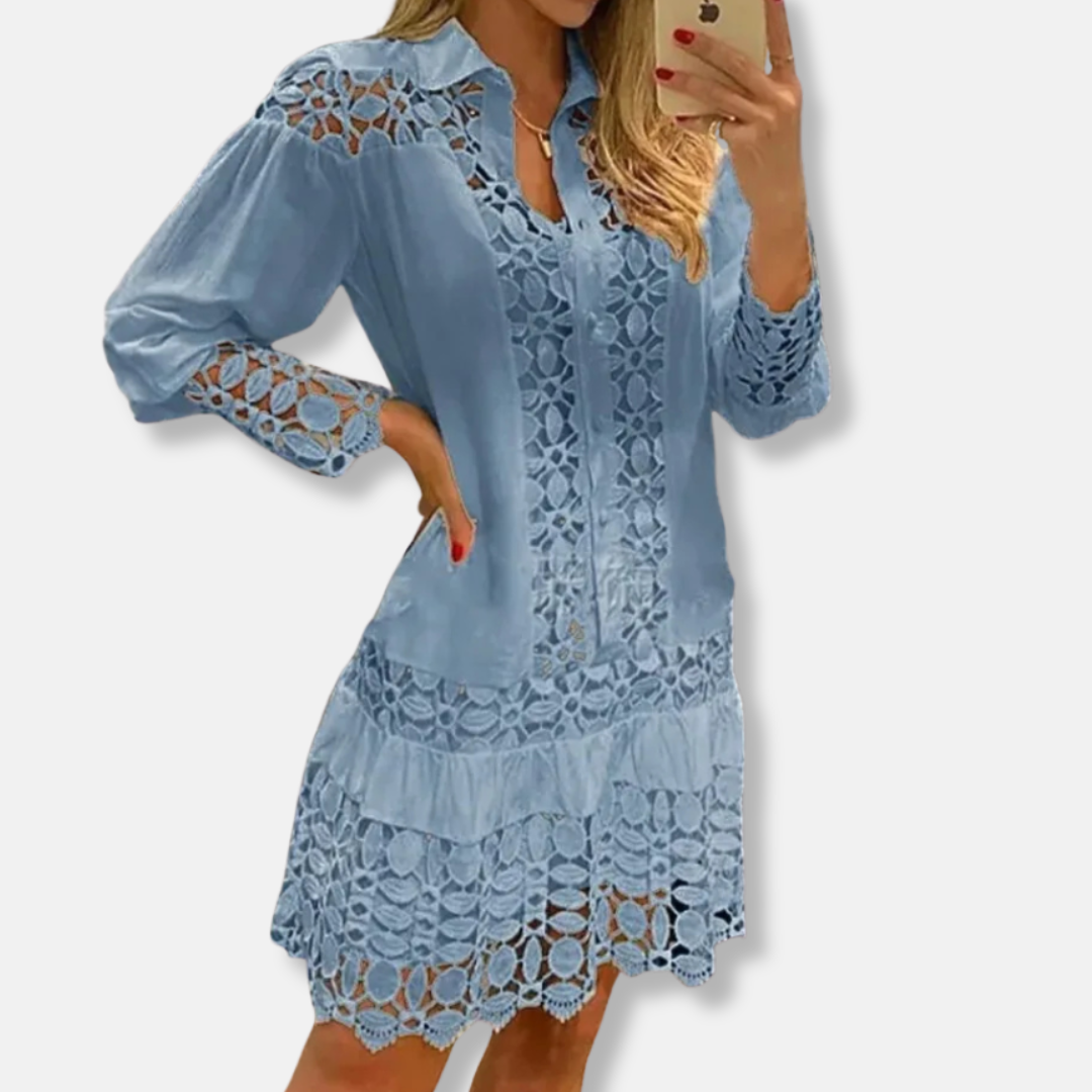 Women's Shirt Dress - Crochet Lace Detail - Collared Neckline - Tiered Skirt - Long Sleeve