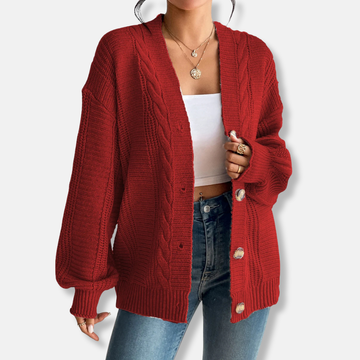 Women’s Cardigan Jacket – Wool Knit – Oversized Fit – Cable Pattern – Button Front
