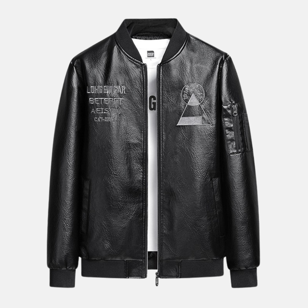 Men’s Bomber Jacket – Synthetic Leather Look – Regular Fit – Embroidered Back – Zippered Sleeve Pocket