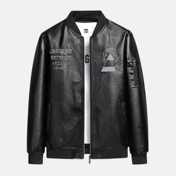Men’s Bomber Jacket – Synthetic Leather Look – Regular Fit – Embroidered Back – Zippered Sleeve Pocket