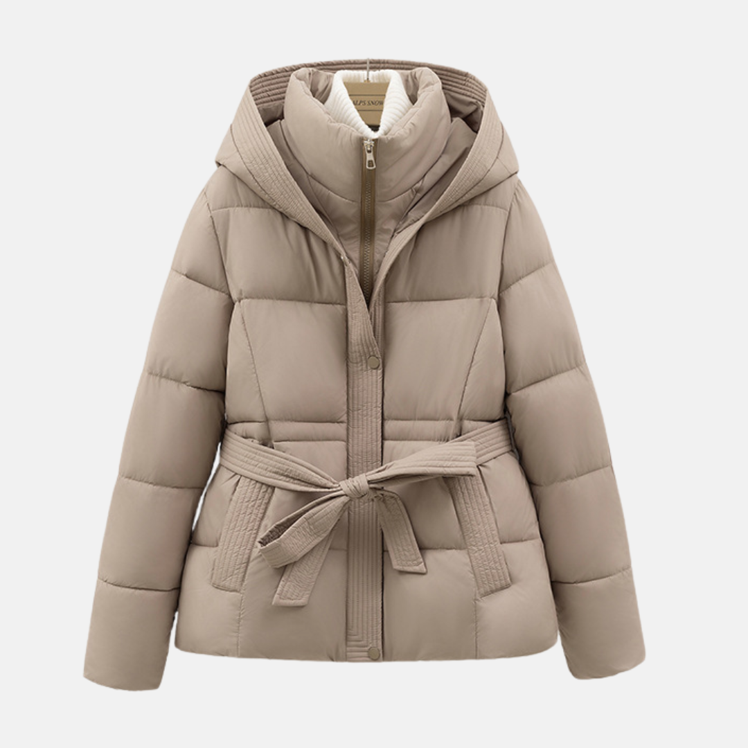 Women’s Padded Coat – Slim Fit Quilted Design – Hooded with Tie Waist – Zipper Closure