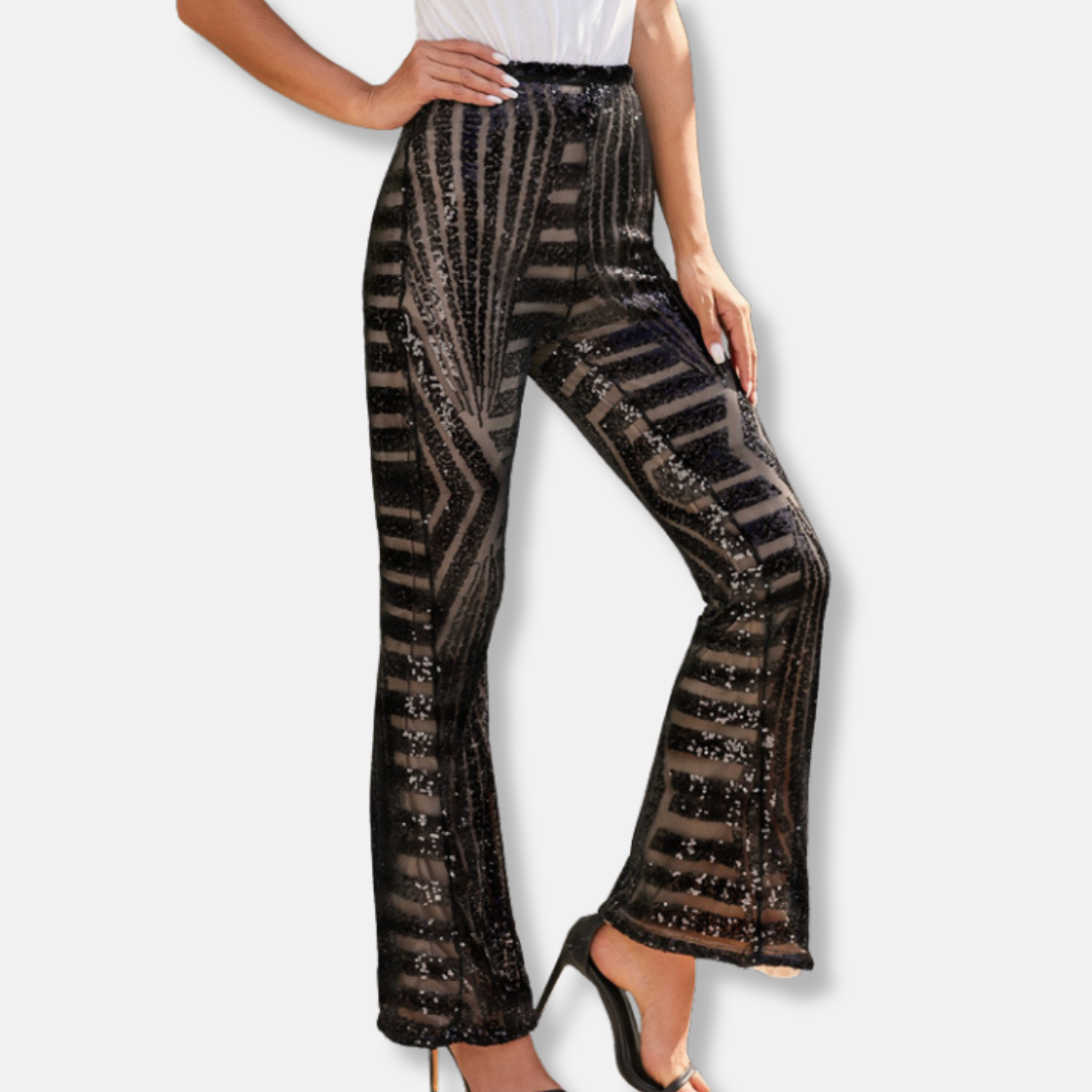 Women’s Wide Leg Trousers – High Waist – Sequin Embellished – Full Length Fit