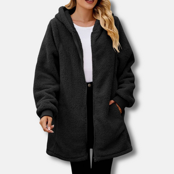 Women’s Hooded Zipper Jacket – Plush Oversized Fit – Ribbed Cuffs – Mid-Length Layer