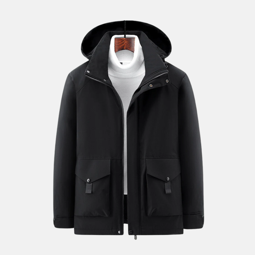 Men’s Hooded Jacket – Insulated Padded – Mid-Length – Zip Snap Closure – High Collar