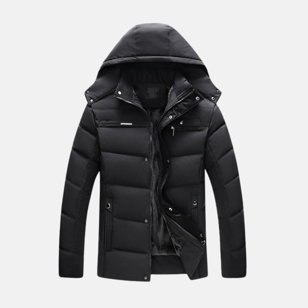 Men’s Padded Coat – Fleece Lined Hood – Quilted Design – Zipper and Snap Closure