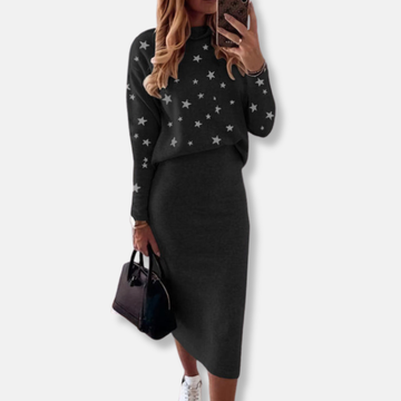 Women’s Two-Piece Set – Knit High Neck Top – Star Pattern – Slim Fit Midi Skirt