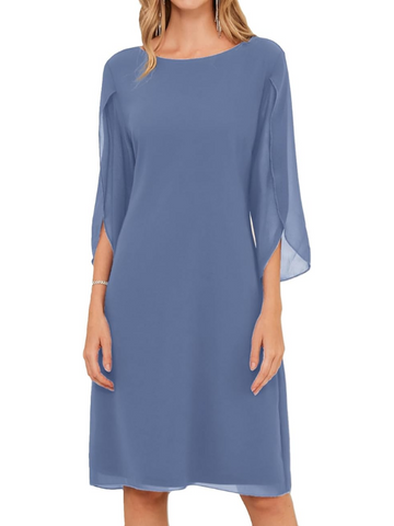 Women's Shift Dress - Knee-Length - Bateau Neckline - Three-Quarter Slit Sleeves - Flowy