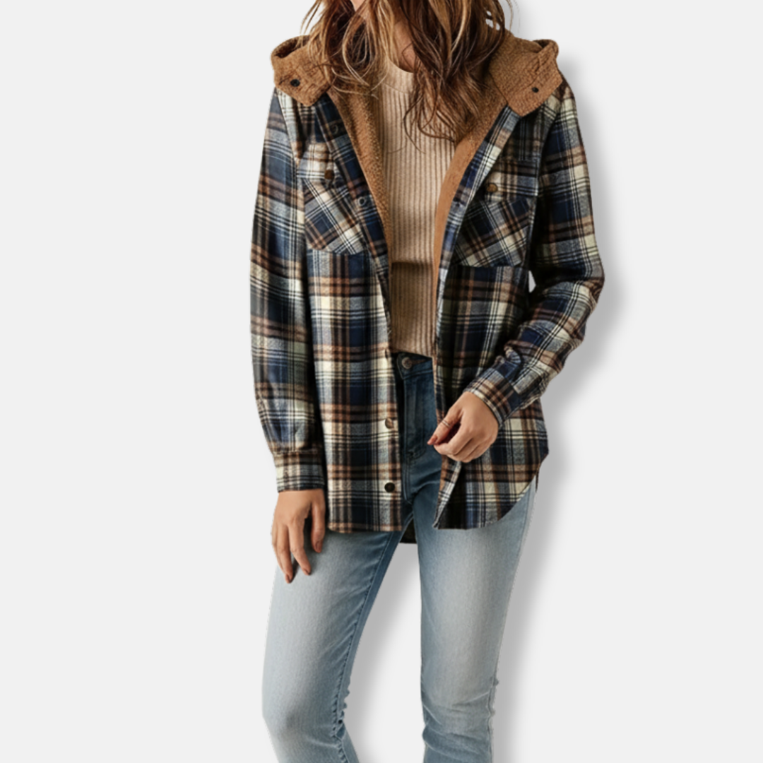 Women’s Shacket - Woven Fabric - Sherpa Lined Collar and Hood - Plaid - Mid-Thigh Length